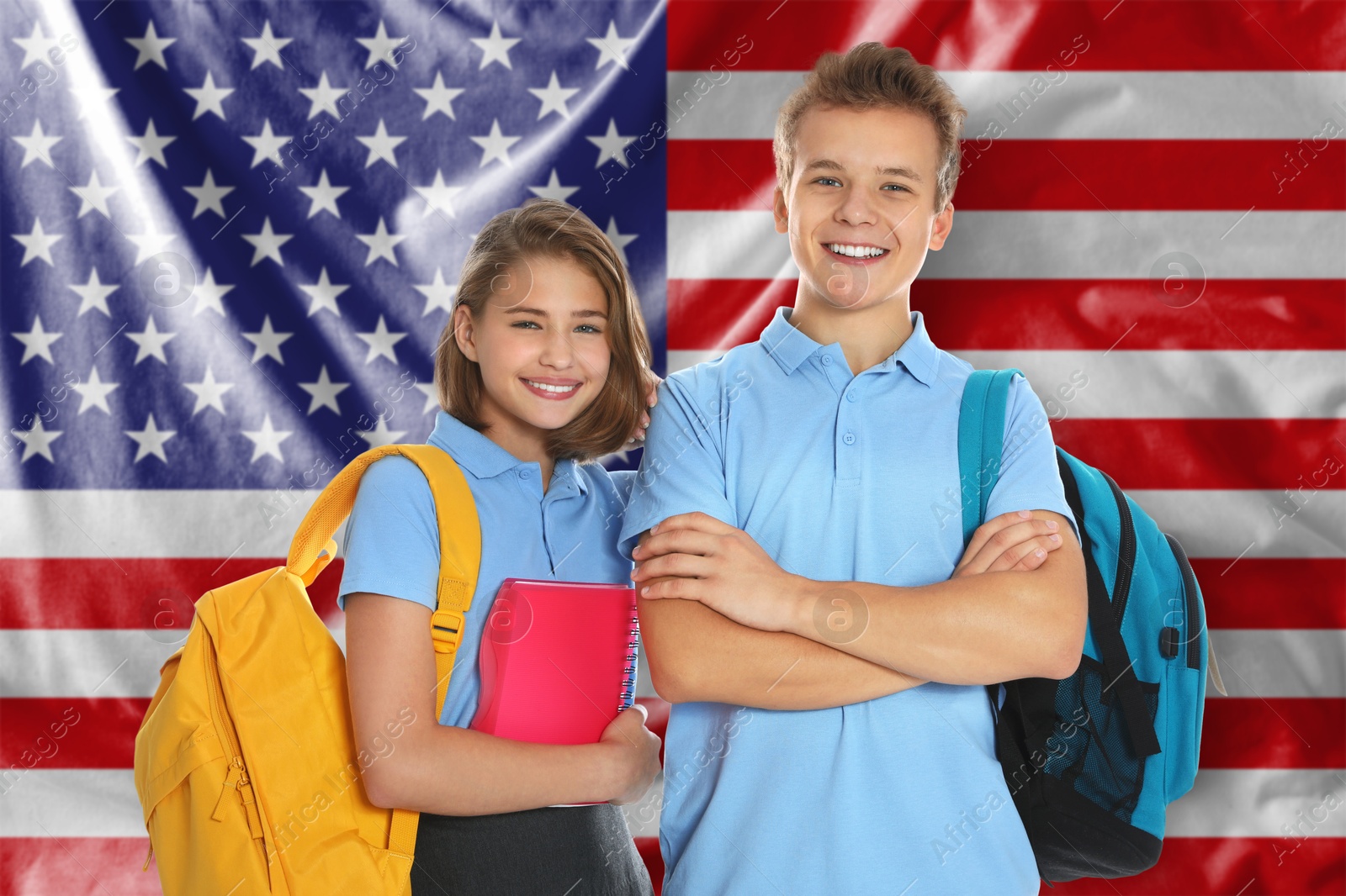 Students with backpacks against flag of USA. Language school Image of Students with backpacks against flag of USA. Language school