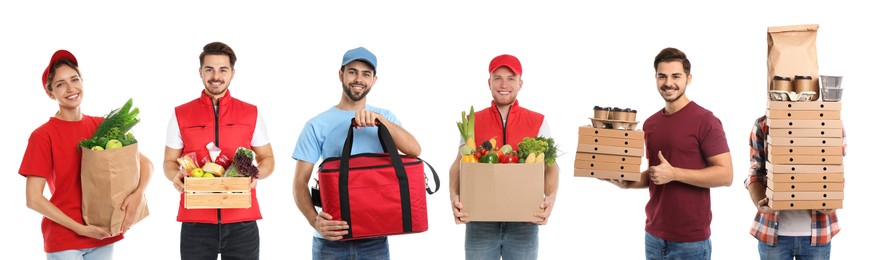 Image of Food delivery service workers isolated on white, collage of portraits