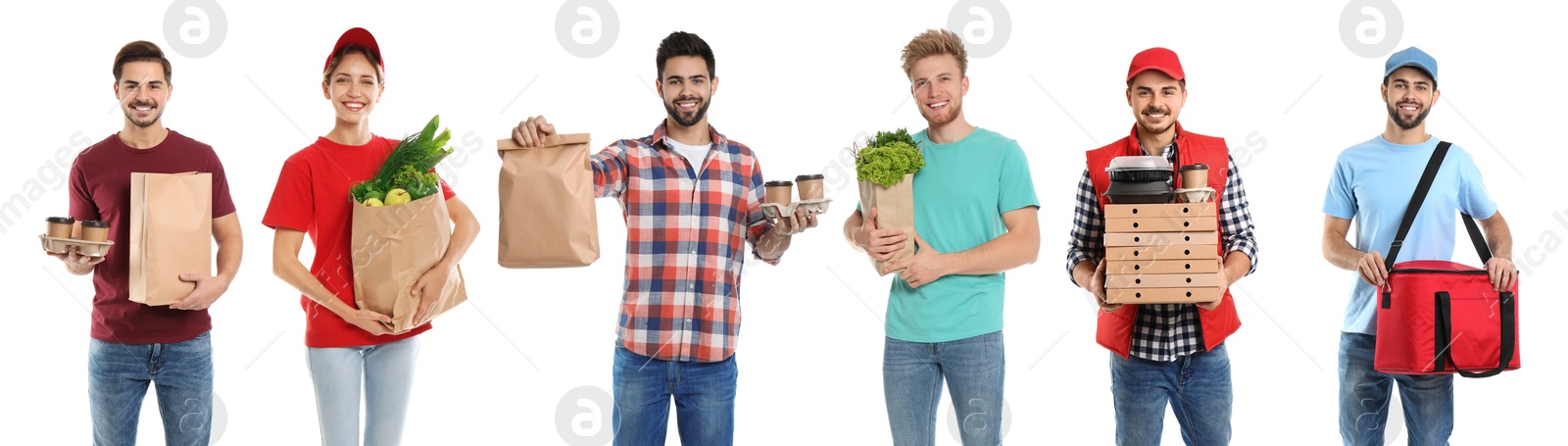 Food delivery service workers isolated on white, collage of portraits Image of Food delivery service workers isolated on white, collage of portraits