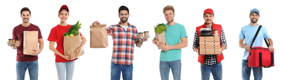 Image of Food delivery service workers isolated on white, collage of portraits