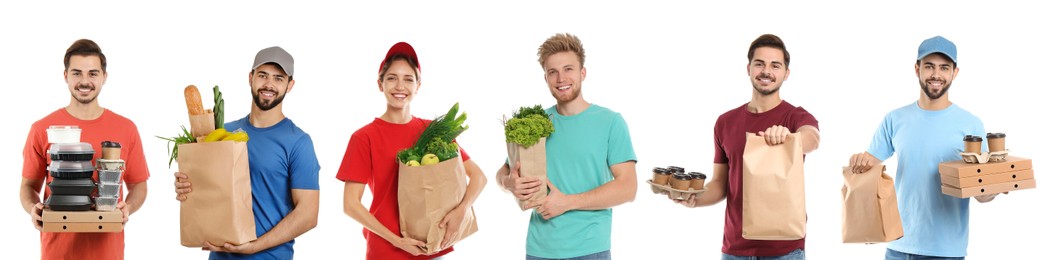 Image of Food delivery service workers isolated on white, collage of portraits
