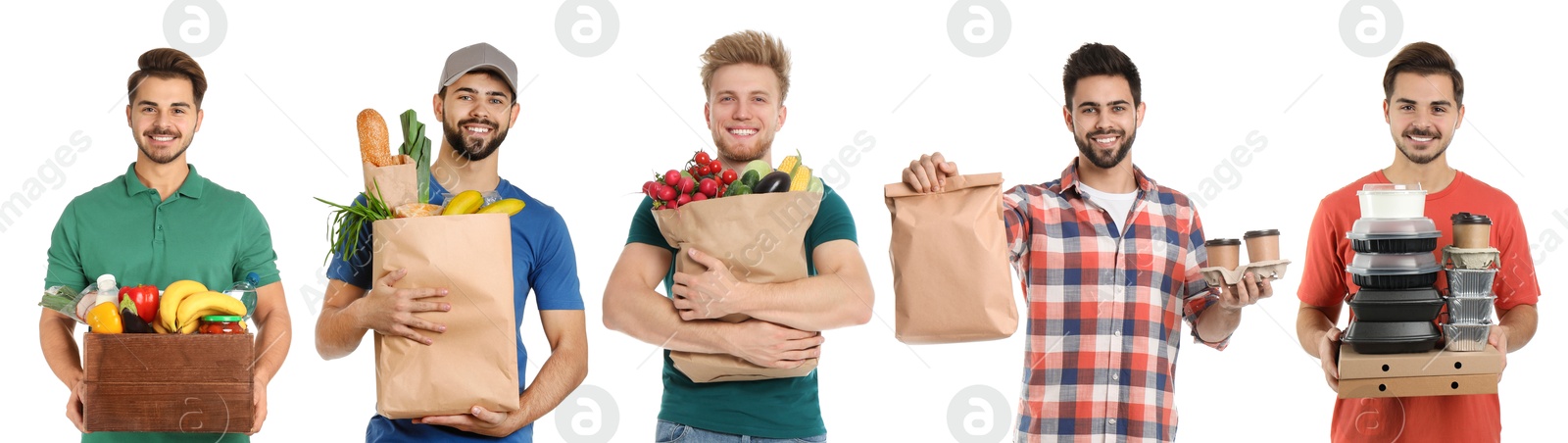 Image of Food delivery service workers isolated on white, collage of portraits