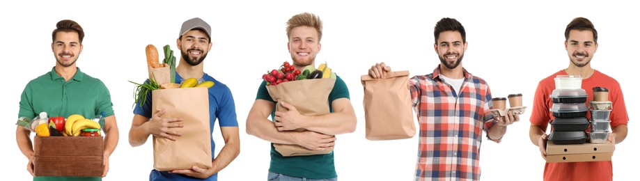 Image of Food delivery service workers isolated on white, collage of portraits