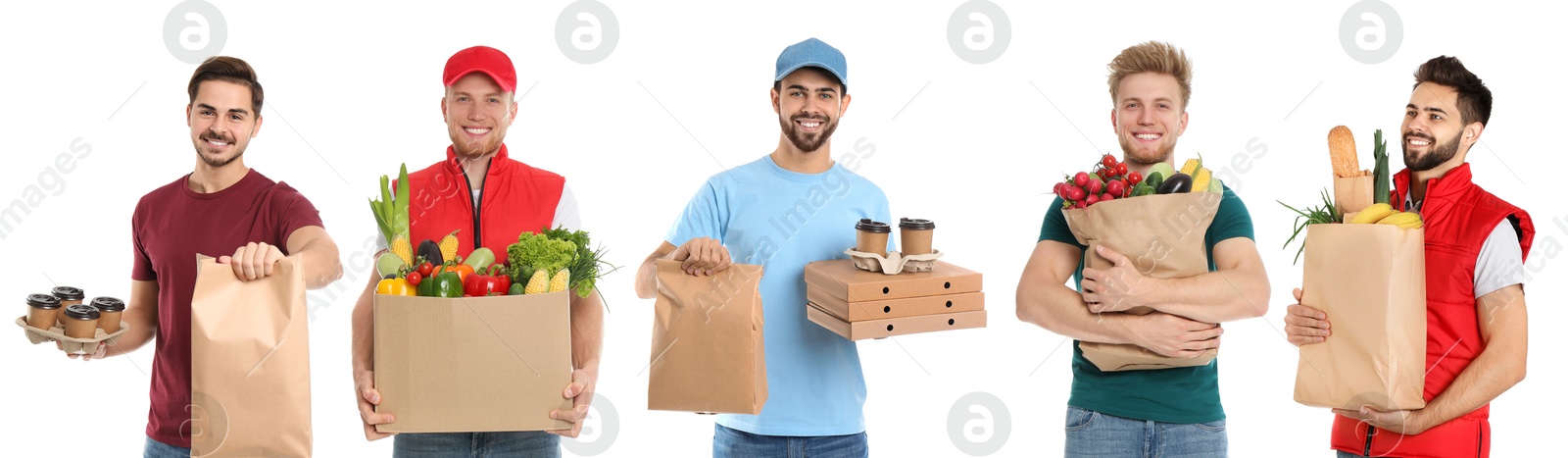 Food delivery service workers isolated on white, collage of portraits Image of Food delivery service workers isolated on white, collage of portraits