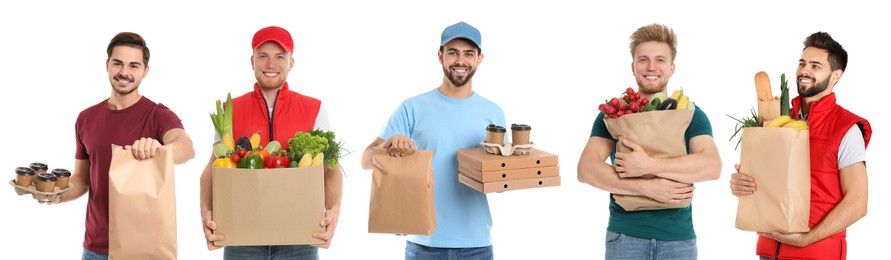Image of Food delivery service workers isolated on white, collage of portraits