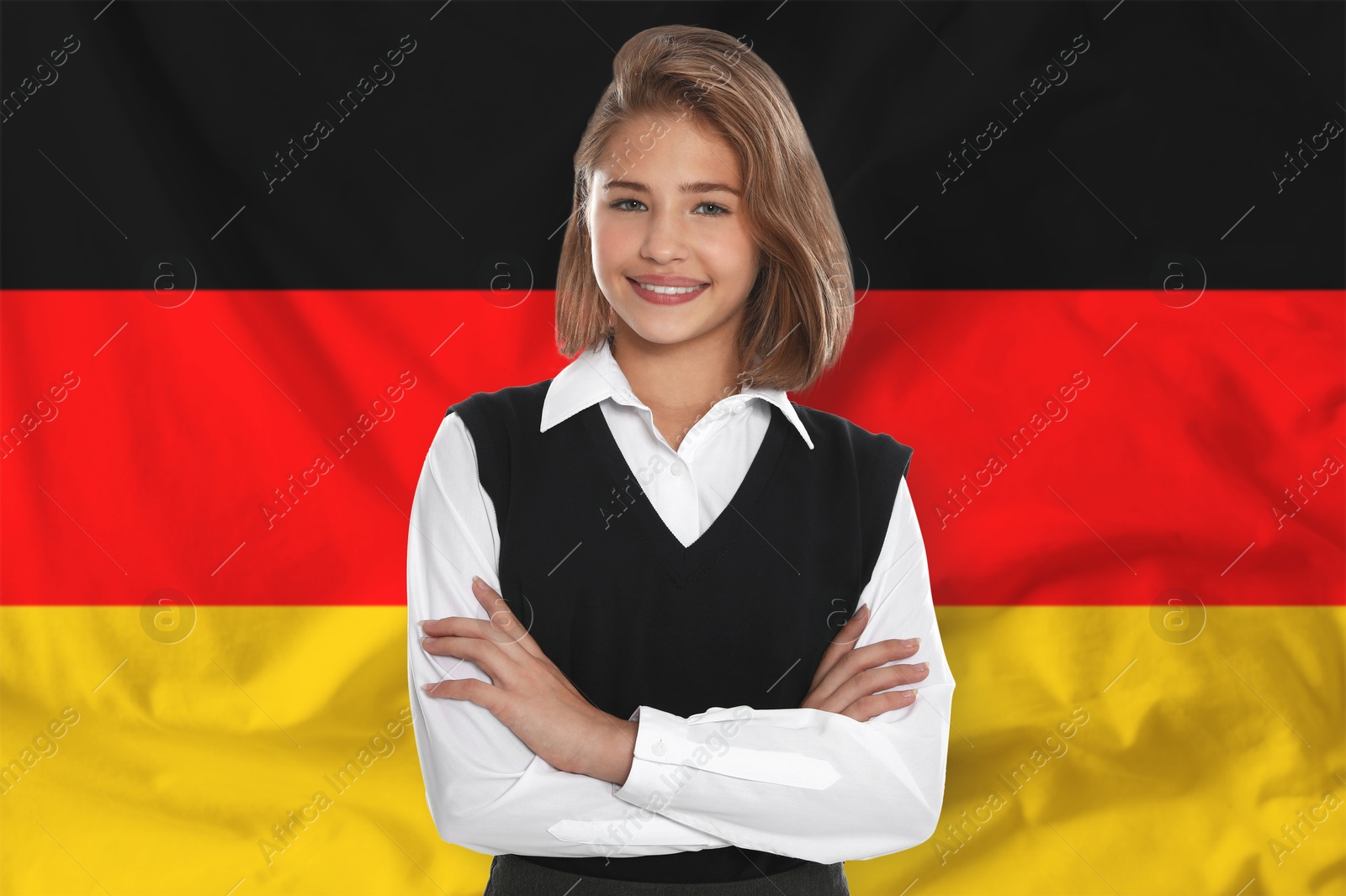 Student against flag of Germany. Language school Image of Student against flag of Germany. Language school