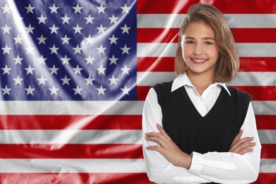 Image of Student against flag of USA. Language school