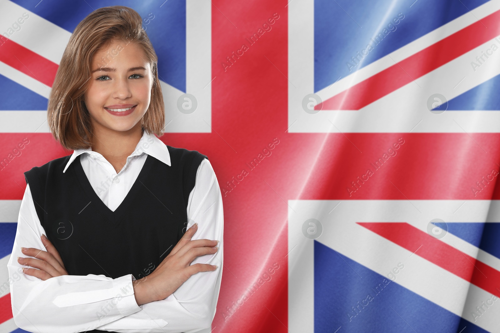 Student against flag of United Kingdom. Language school Image of Student against flag of United Kingdom. Language school