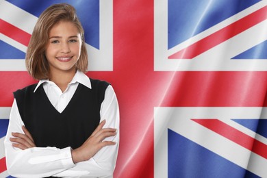 Image of Student against flag of United Kingdom. Language school