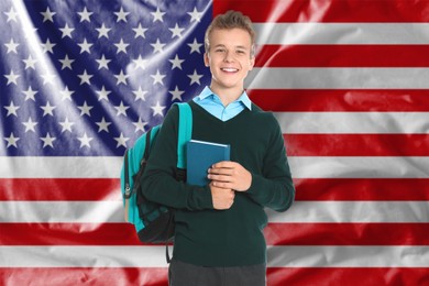Image of Student with backpack and book against flag of USA. Language school