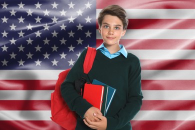 Image of Student with backpack and books against flag of USA. Language school