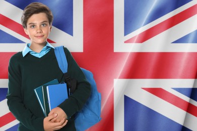 Image of Student with backpack and books against flag of United KIngdom. Language school