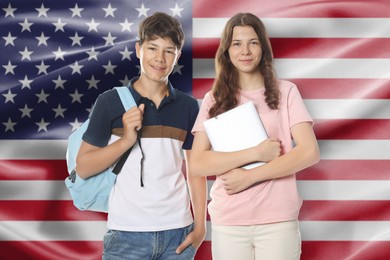 Image of Students against flag of USA. Language school