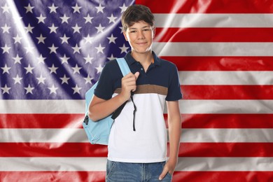 Image of Student with backpack against flag of USA. Language school