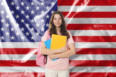 Image of Student with notebooks and backpack against flag of USA. Language school