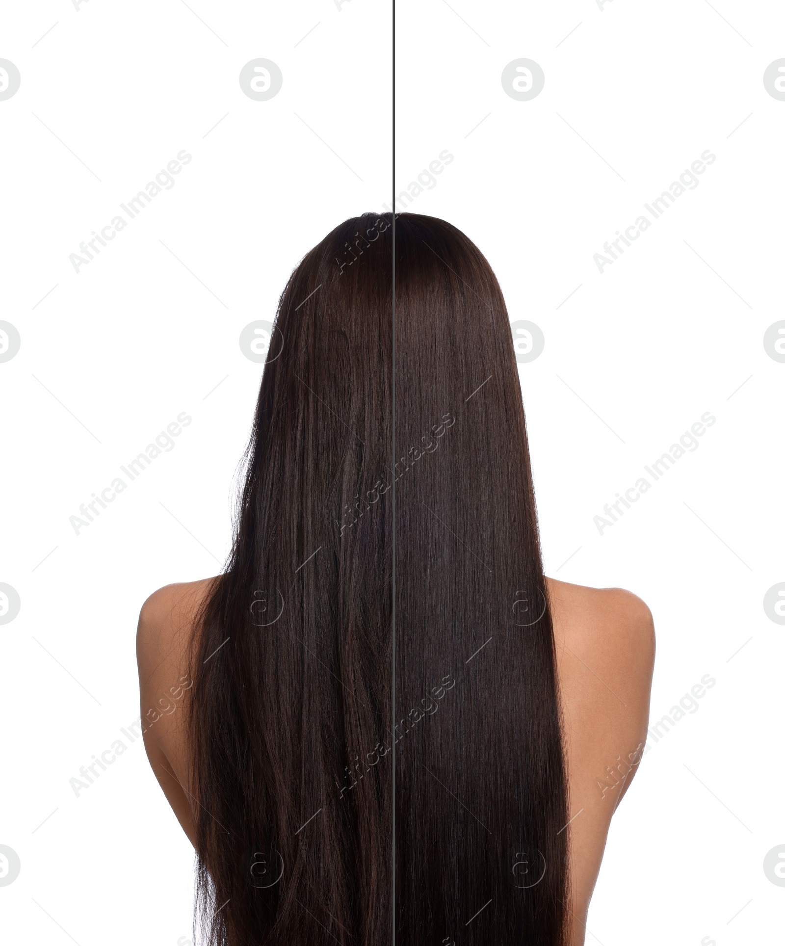 Hair lamination, before and after. Photo of woman on white background, divided for comparison of hair condition Image of Hair lamination, before and after. Photo of woman on white background, divided for comparison of hair condition