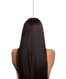 Image of Hair lamination, before and after. Photo of woman on white background, divided for comparison of hair condition