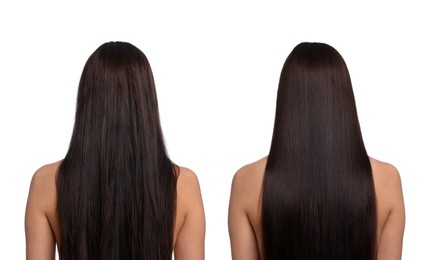 Image of Before and after hair lamination procedure, collage. Woman showing hair on white background, back view