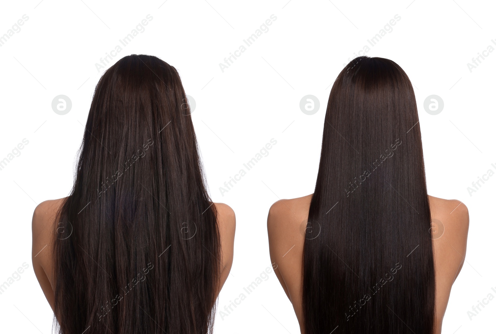 Before and after hair lamination procedure, collage. Woman showing hair on white background, back view Image of Before and after hair lamination procedure, collage. Woman showing hair on white background, back view