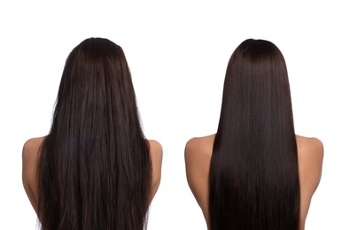 Image of Before and after hair lamination procedure, collage. Woman showing hair on white background, back view