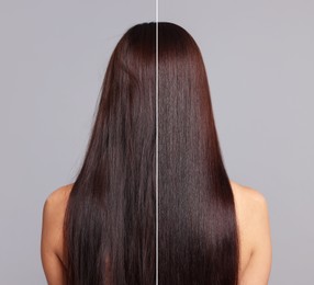 Image of Hair lamination, before and after. Photo of woman on grey background, divided for comparison of hair condition