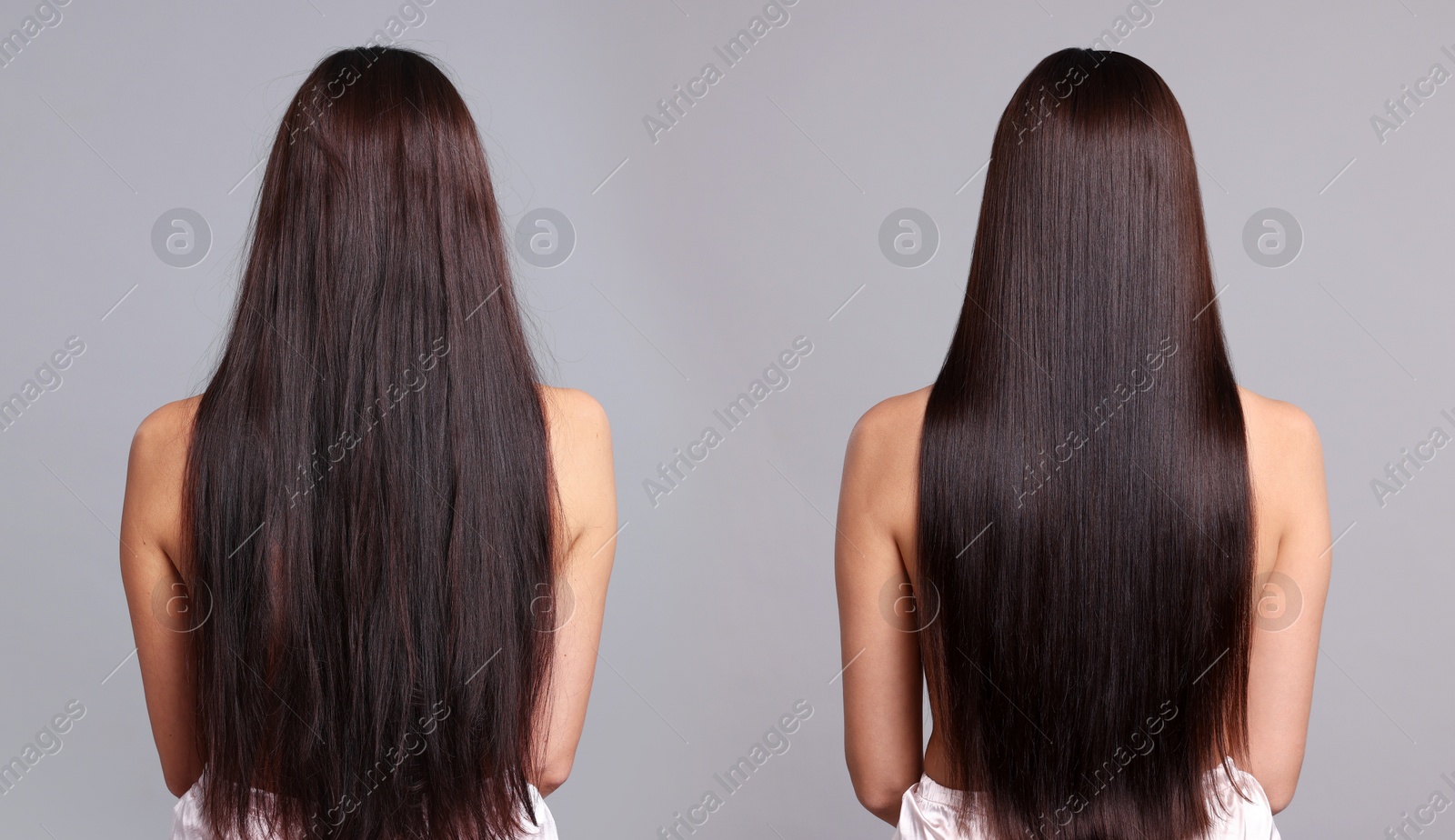 Before and after hair lamination procedure, collage. Woman showing hair on grey background, back view Image of Before and after hair lamination procedure, collage. Woman showing hair on grey background, back view