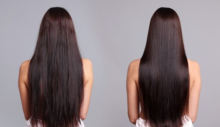 Image of Before and after hair lamination procedure, collage. Woman showing hair on grey background, back view