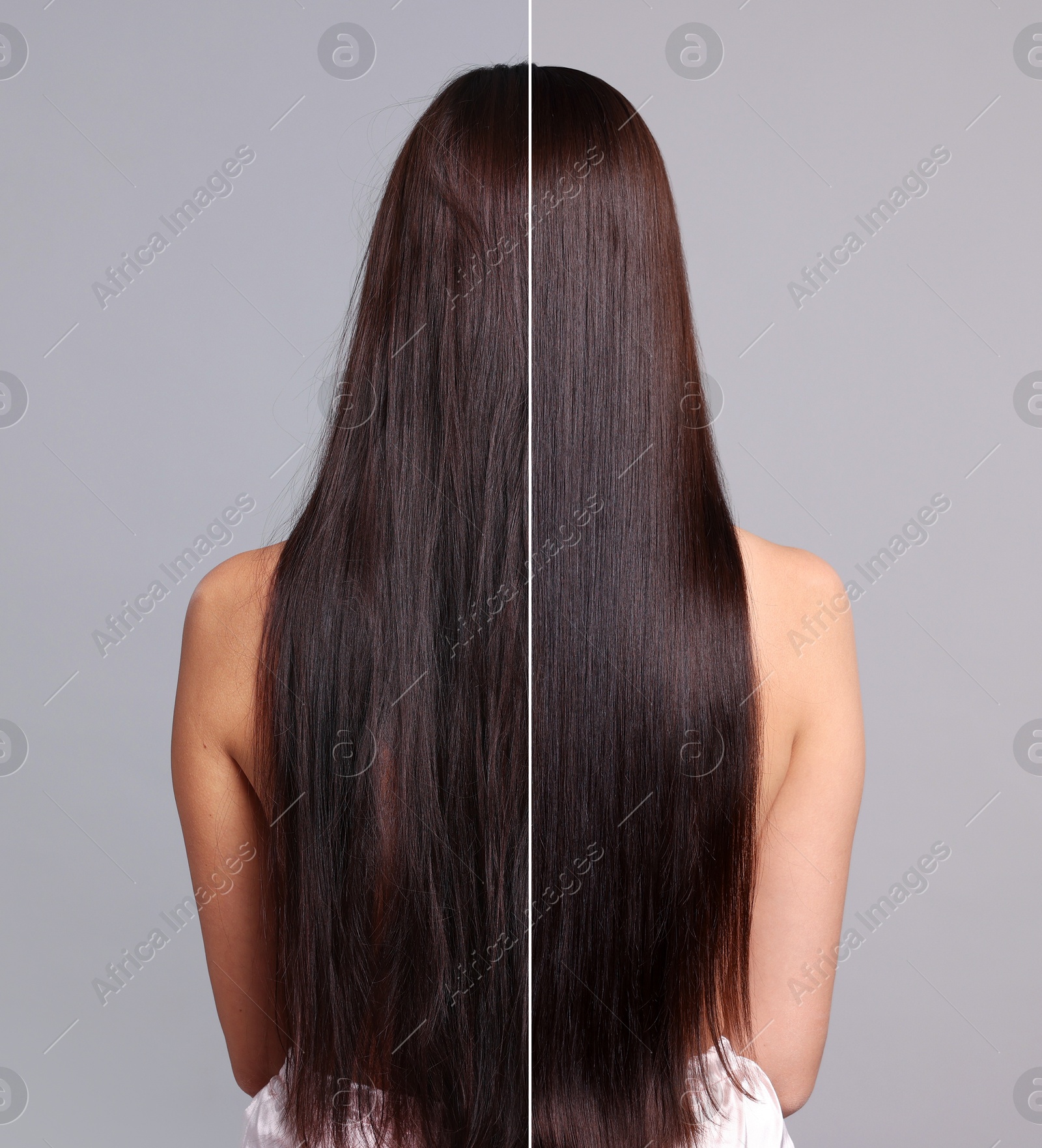 Hair lamination, before and after. Photo of woman on grey background, divided for comparison of hair condition Image of Hair lamination, before and after. Photo of woman on grey background, divided for comparison of hair condition
