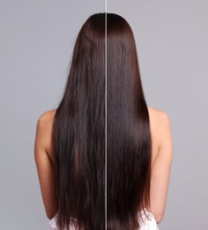 Image of Hair lamination, before and after. Photo of woman on grey background, divided for comparison of hair condition
