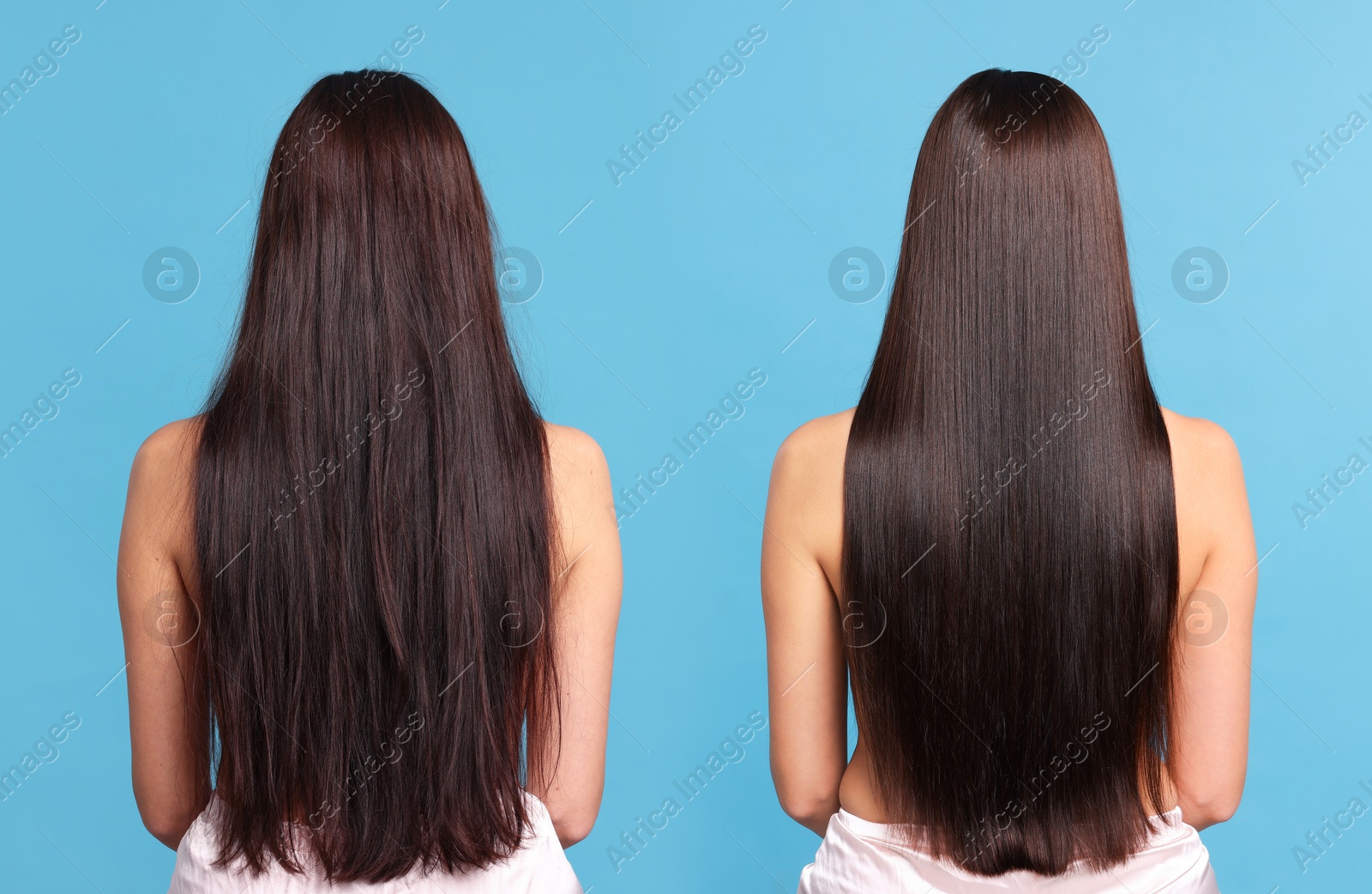 Before and after hair lamination procedure, collage. Woman showing hair on blue background, back view Image of Before and after hair lamination procedure, collage. Woman showing hair on blue background, back view