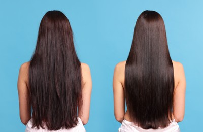 Image of Before and after hair lamination procedure, collage. Woman showing hair on blue background, back view