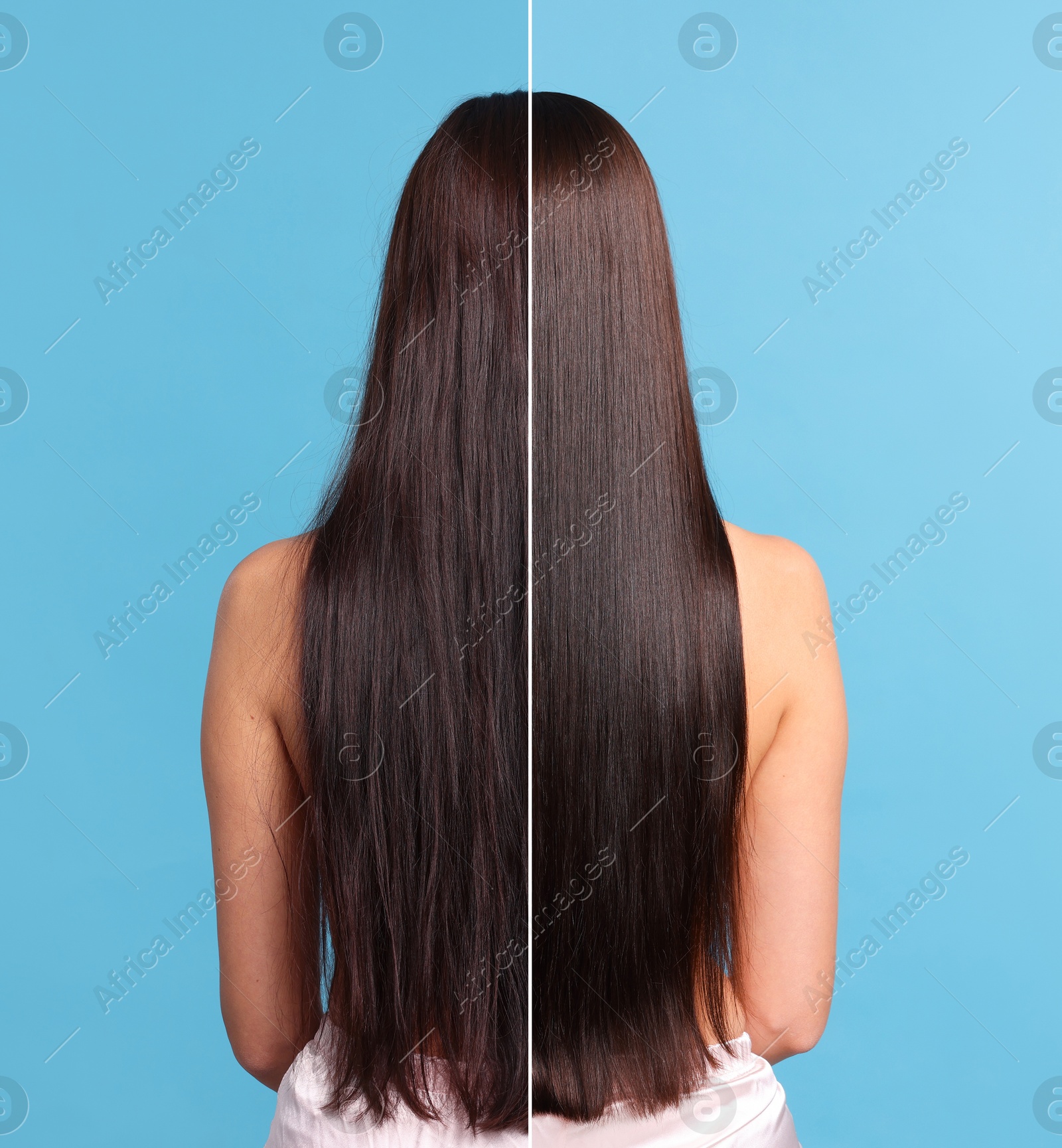 Hair lamination, before and after. Photo of woman on blue background, divided for comparison of hair condition Image of Hair lamination, before and after. Photo of woman on blue background, divided for comparison of hair condition