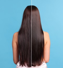 Image of Hair lamination, before and after. Photo of woman on blue background, divided for comparison of hair condition