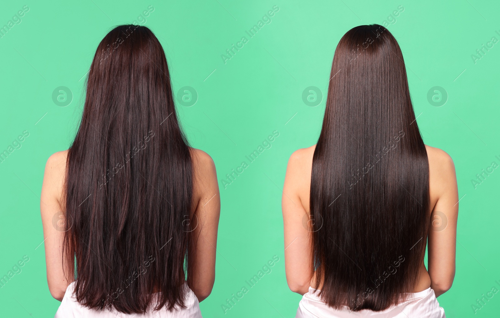 Before and after hair lamination procedure, collage. Woman showing hair on aquamarine background, back view Image of Before and after hair lamination procedure, collage. Woman showing hair on aquamarine background, back view