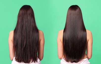 Image of Before and after hair lamination procedure, collage. Woman showing hair on aquamarine background, back view