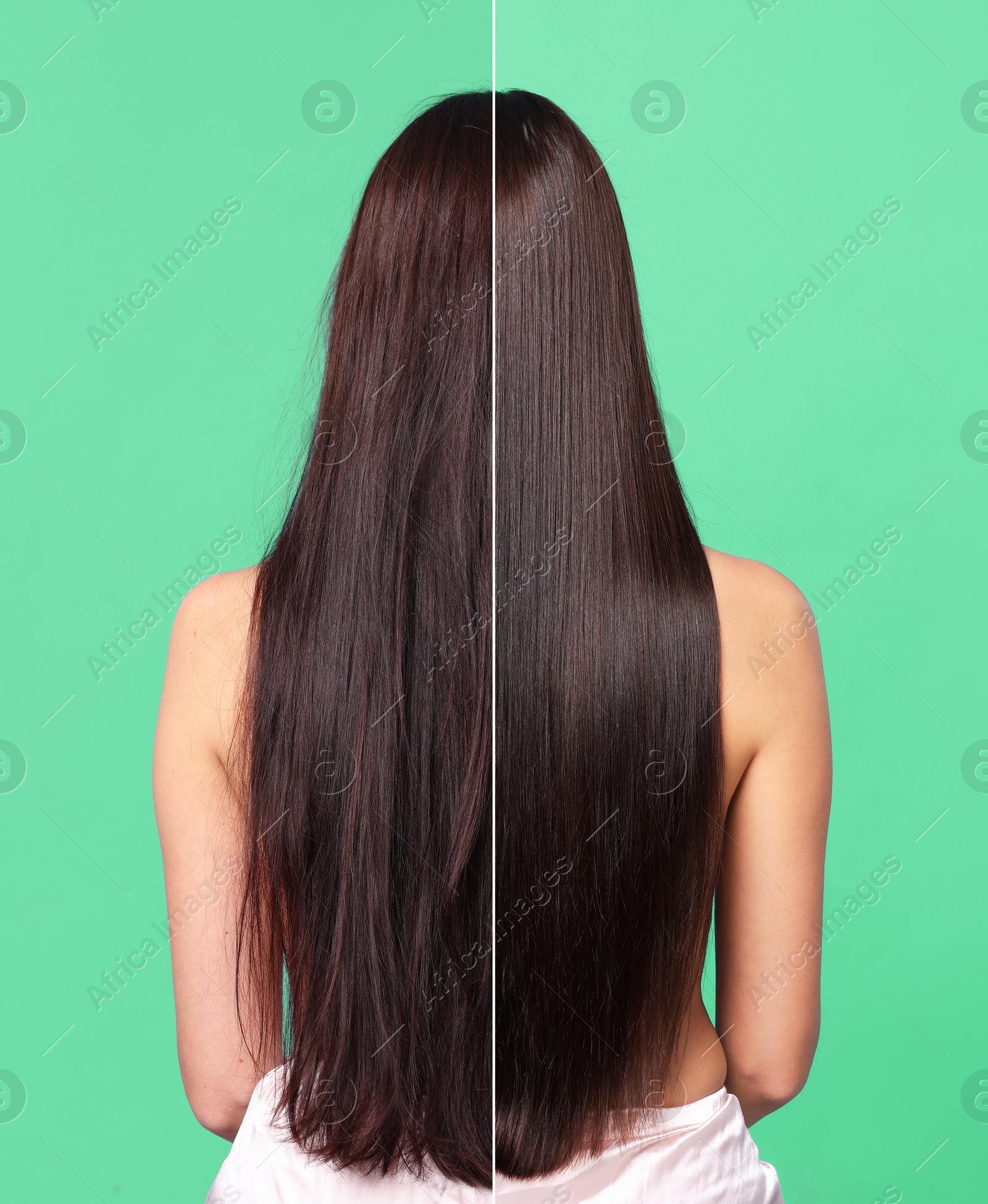 Hair lamination, before and after. Photo of woman on aquamarine background, divided for comparison of hair condition Image of Hair lamination, before and after. Photo of woman on aquamarine background, divided for comparison of hair condition