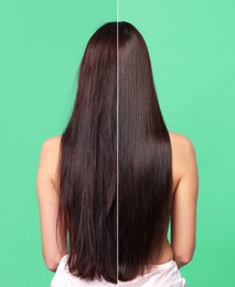 Image of Hair lamination, before and after. Photo of woman on aquamarine background, divided for comparison of hair condition