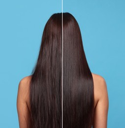 Image of Hair lamination, before and after. Photo of woman on blue background, divided for comparison of hair condition