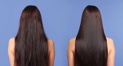 Image of Before and after hair lamination procedure, collage. Woman showing hair on blue violet background, back view