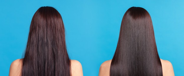 Image of Before and after hair lamination procedure, collage. Woman showing hair on blue background, back view