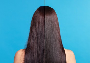 Image of Hair lamination, before and after. Photo of woman on blue background, divided for comparison of hair condition