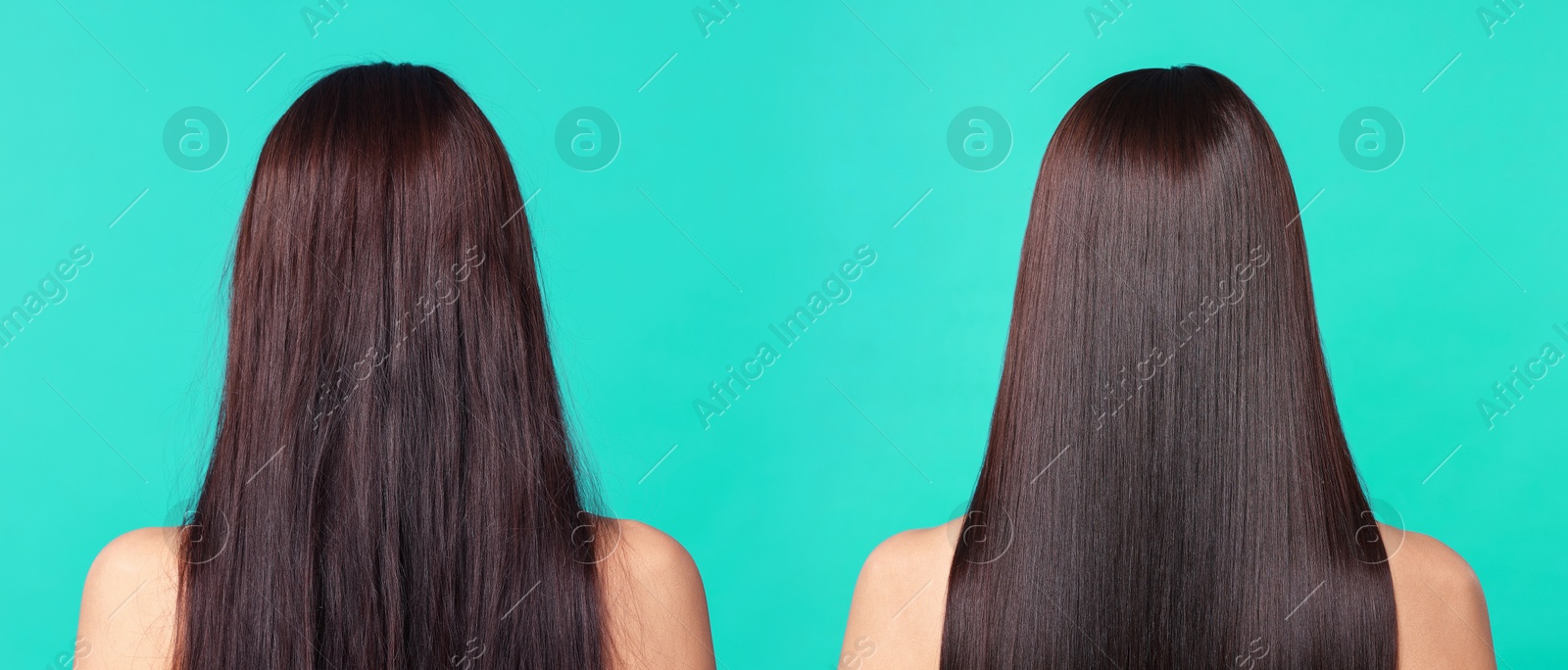 Before and after hair lamination procedure, collage. Woman showing hair on turquoise background, back view Image of Before and after hair lamination procedure, collage. Woman showing hair on turquoise background, back view