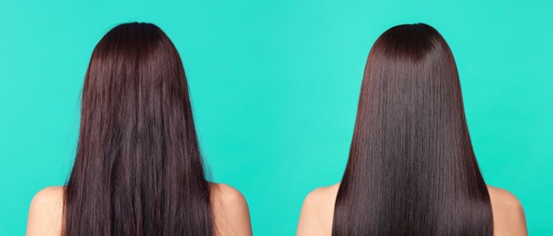 Image of Before and after hair lamination procedure, collage. Woman showing hair on turquoise background, back view
