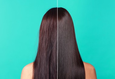 Image of Hair lamination, before and after. Photo of woman on turquoise background, divided for comparison of hair condition