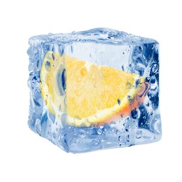 Image of Piece of fresh orange inside ice cube on white background