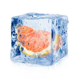 Image of Piece of fresh orange inside ice cube on white background