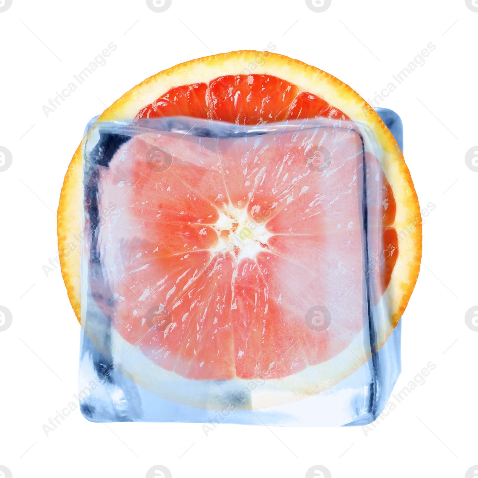 Image of Half of fresh orange inside ice cube on white background