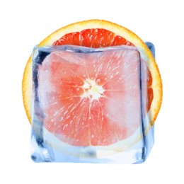 Image of Half of fresh orange inside ice cube on white background
