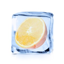 Image of Half of fresh orange inside ice cube on white background