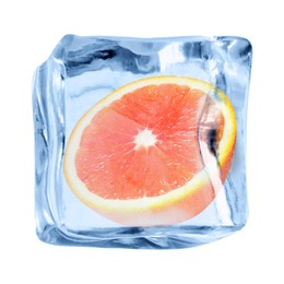 Image of Half of fresh orange inside ice cube on white background